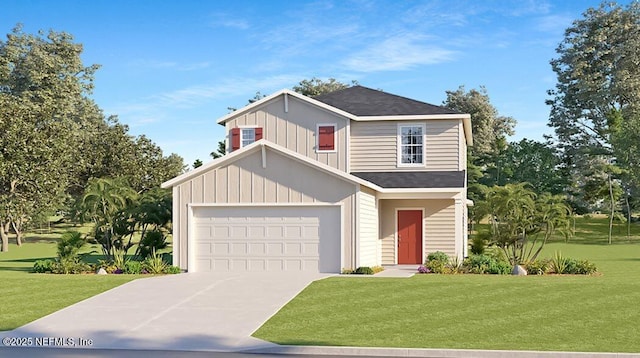 traditional-style home with a garage, board and batten siding, driveway, and a front lawn