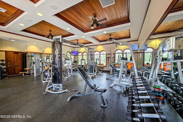 228 Gladstone Ct, Saint Johns, FL 32259 - exercise room with ceiling fan, coffered ceiling, wooden ceiling, plenty of natural light, and beam ceiling