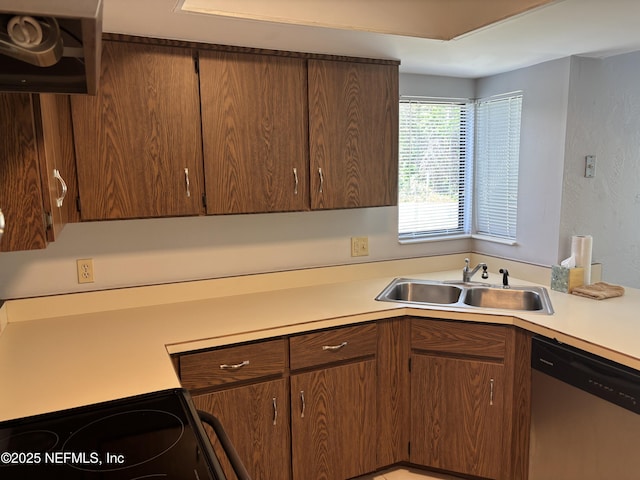 kitchen featuring stainless steel dishwasher, extractor fan, a sink, and light countertops