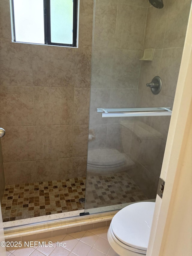 bathroom featuring a stall shower and toilet