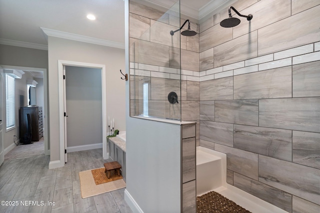 full bath with ornamental molding, walk in shower, and wood finished floors