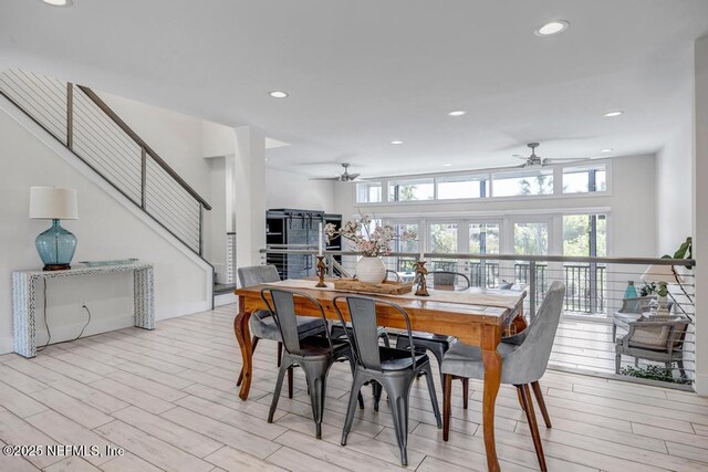 2325 Seminole Rd, Atlantic Beach, FL 32233 - dining room with stairs, recessed lighting, ceiling fan, and light wood-style flooring