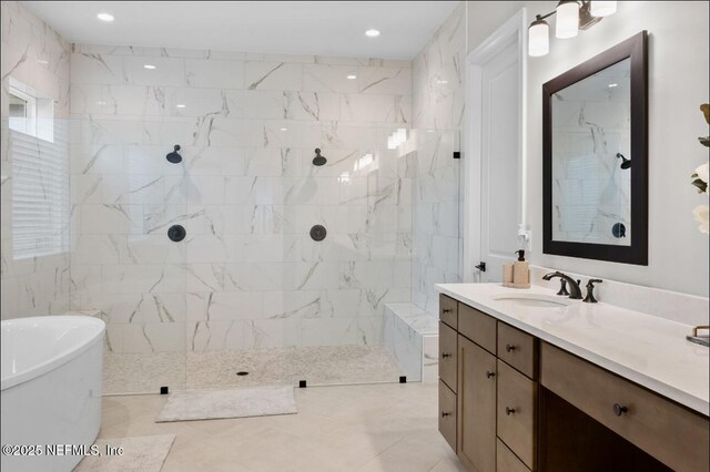 462 Hillendale Cir, Saint Johns, FL 32259 - full bath featuring a walk in shower, tile patterned floors, a soaking tub, and vanity