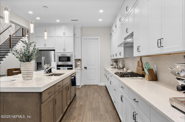 462 Hillendale Cir, Saint Johns, FL 32259 - kitchen featuring decorative backsplash, appliances with stainless steel finishes, a sink, under cabinet range hood, and white cabinetry