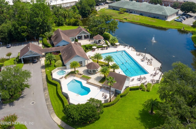 drone / aerial view featuring a water view