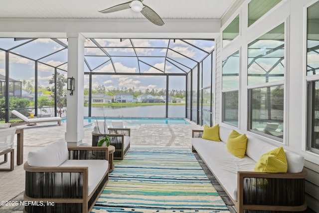 742 Honey Blossom Rd, Saint Johns, FL 32259 - sunroom / solarium featuring a water view, a swimming pool, ceiling fan, and an outdoor living space