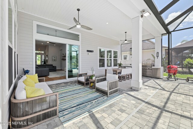 742 Honey Blossom Rd, Saint Johns, FL 32259 - view of patio / terrace featuring glass enclosure, ceiling fan, outdoor lounge area, and a grill