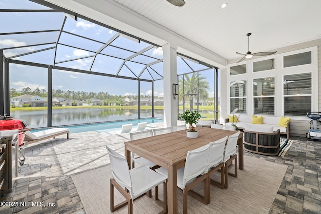 742 Honey Blossom Rd, Saint Johns, FL 32259 - sunroom with a water view, a swimming pool, and a ceiling fan