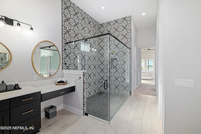742 Honey Blossom Rd, Saint Johns, FL 32259 - full bath with vanity, recessed lighting, walk in shower, and wood finished floors