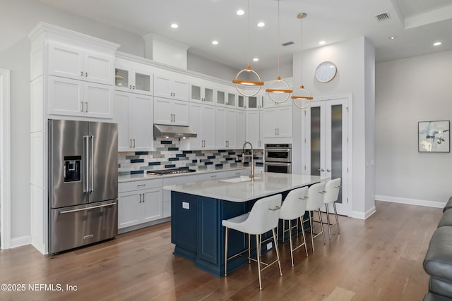 742 Honey Blossom Rd, Saint Johns, FL 32259 - kitchen featuring backsplash, appliances with stainless steel finishes, a sink, light countertops, and under cabinet range hood