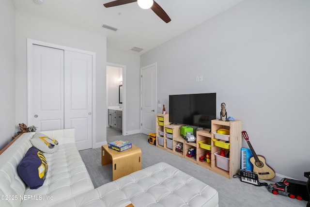 742 Honey Blossom Rd, Saint Johns, FL 32259 - game room with carpet floors, ceiling fan, baseboards, and visible vents