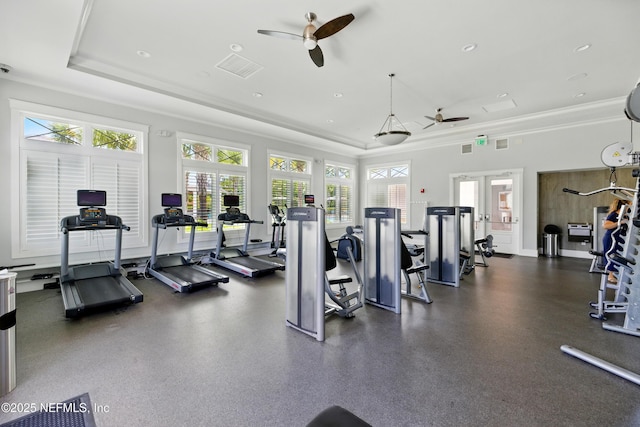 742 Honey Blossom Rd, Saint Johns, FL 32259 - exercise room featuring crown molding, a ceiling fan, a tray ceiling, and visible vents