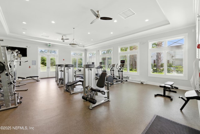 742 Honey Blossom Rd, Saint Johns, FL 32259 - exercise room with crown molding, french doors, a ceiling fan, recessed lighting, and a tray ceiling