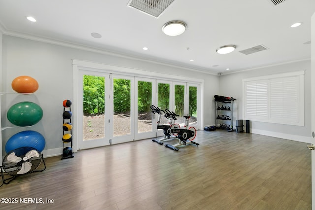 742 Honey Blossom Rd, Saint Johns, FL 32259 - workout room featuring baseboards, ornamental molding, wood finished floors, and visible vents