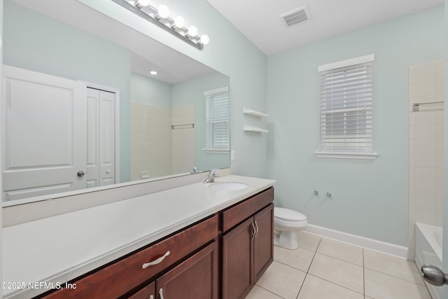 full bathroom with tile patterned flooring, vanity, toilet, baseboards, and visible vents