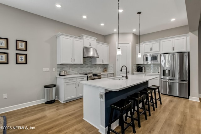 85325 Champlain Dr, Fernandina Beach, FL 32034 - kitchen with stainless steel appliances, a sink, under cabinet range hood, decorative backsplash, and recessed lighting