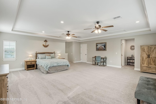 85325 Champlain Dr, Fernandina Beach, FL 32034 - carpeted bedroom with a tray ceiling, baseboards, recessed lighting, and a ceiling fan