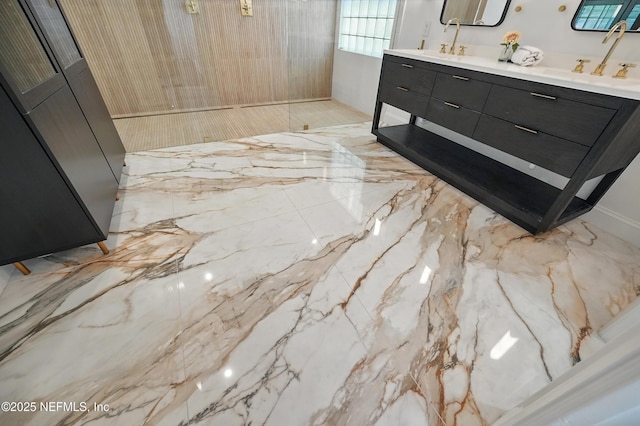 13815 Admirals Bend Dr, Jacksonville, FL 32225 - bathroom with a walk in shower, double vanity, a sink, and marble finish floor