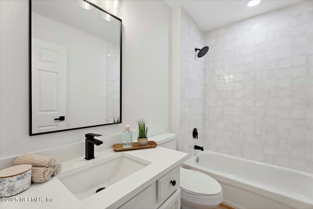 full bathroom with toilet,  shower combination, recessed lighting, and vanity