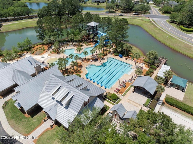 birds eye view of property featuring a water view