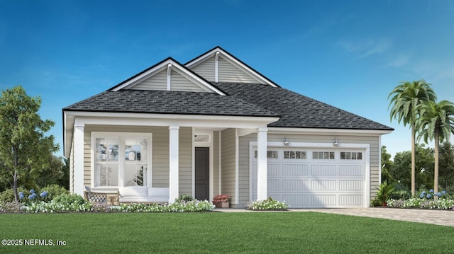 view of front of house featuring a garage, roof with shingles, driveway, and a front yard