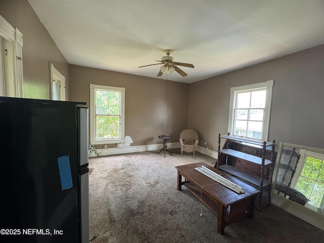 living area with baseboards, a ceiling fan, and carpet