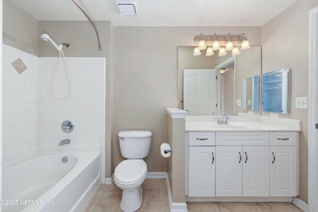 bathroom featuring toilet, shower / washtub combination, tile patterned flooring, and vanity