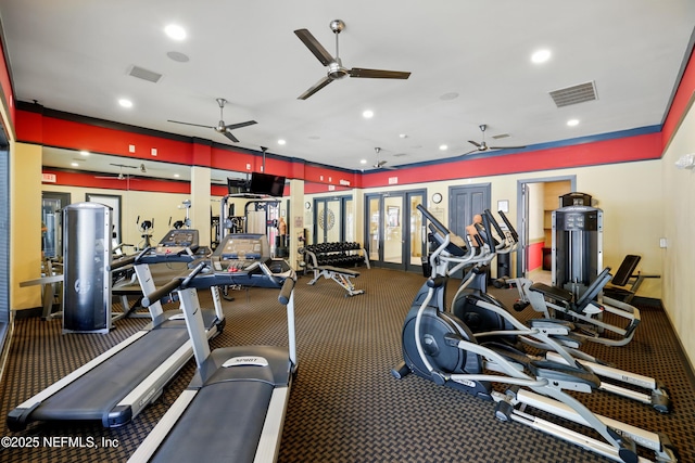 workout area featuring ceiling fan, recessed lighting, and visible vents