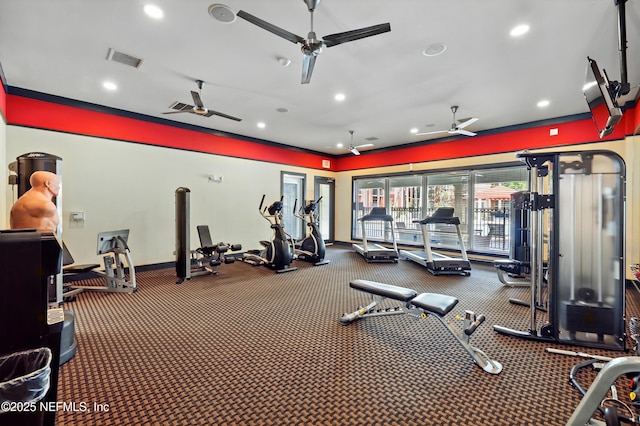 exercise room with visible vents, recessed lighting, baseboards, and ceiling fan