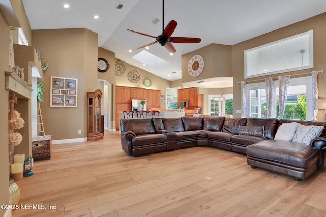 3626 Kapalua Ct, Green Cove Springs, FL 32043 - living area with a ceiling fan, visible vents, high vaulted ceiling, light wood finished floors, and recessed lighting