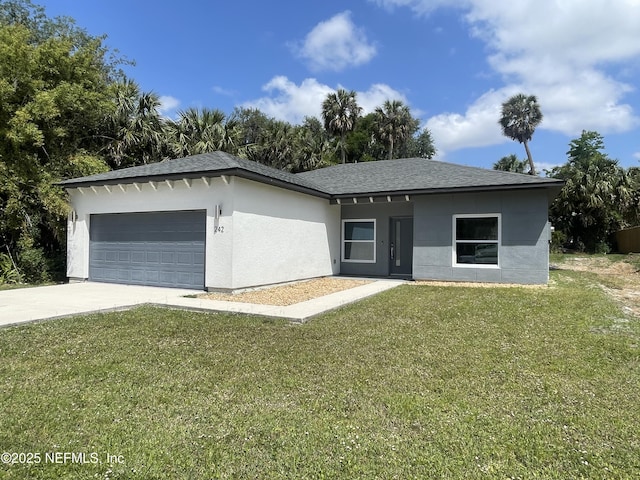 ranch-style house with a front yard, roof with shingles, stucco siding, an attached garage, and driveway