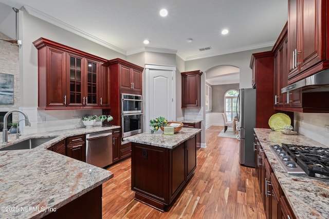 725 Carthage Pl, Saint Johns, FL 32259 - kitchen featuring a sink, appliances with stainless steel finishes, arched walkways, dark brown cabinets, and under cabinet range hood
