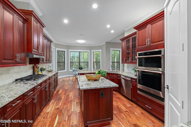 725 Carthage Pl, Saint Johns, FL 32259 - kitchen featuring reddish brown cabinets, appliances with stainless steel finishes, crown molding, tasteful backsplash, and recessed lighting