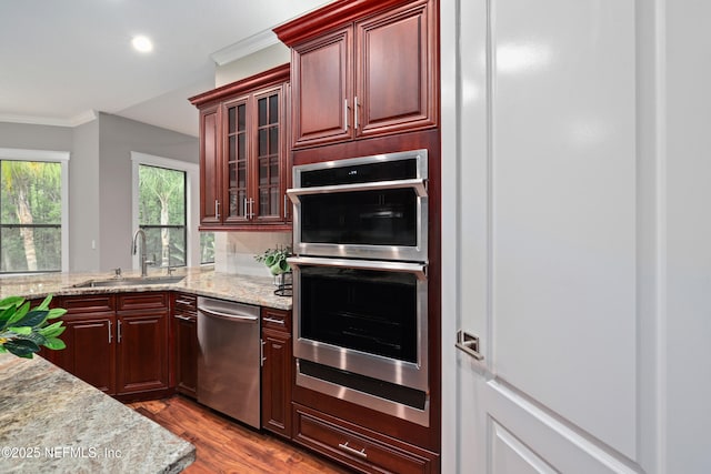 725 Carthage Pl, Saint Johns, FL 32259 - kitchen featuring stainless steel appliances, a sink, ornamental molding, wood finished floors, and glass insert cabinets