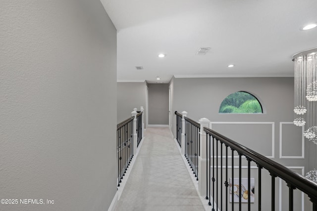 725 Carthage Pl, Saint Johns, FL 32259 - corridor with recessed lighting, an upstairs landing, baseboards, a chandelier, and ornamental molding