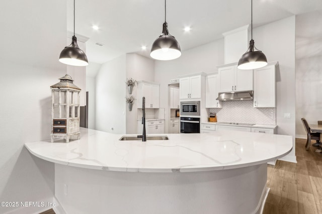 36039 Pitch Ln, Hilliard, FL 32046 - kitchen featuring black appliances, a sink, under cabinet range hood, tasteful backsplash, and light wood-type flooring