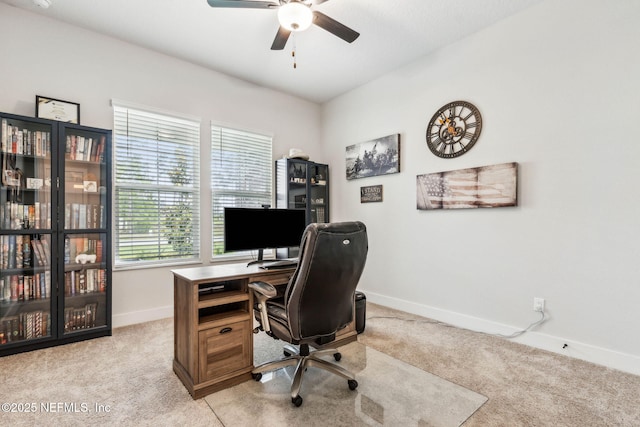 36039 Pitch Ln, Hilliard, FL 32046 - home office featuring baseboards, light carpet, and ceiling fan