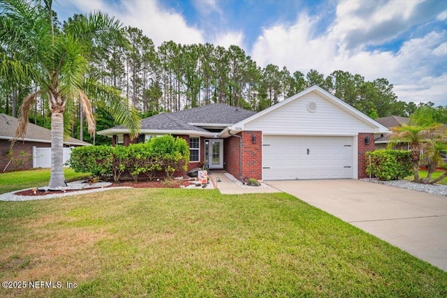 ranch-style home with a garage, concrete driveway, a front lawn, and brick siding