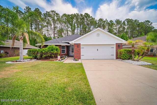 ranch-style house with brick siding, driveway, a front yard, and a garage
