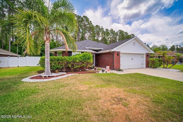 single story home featuring a front yard, brick siding, fence, concrete driveway, and an attached garage