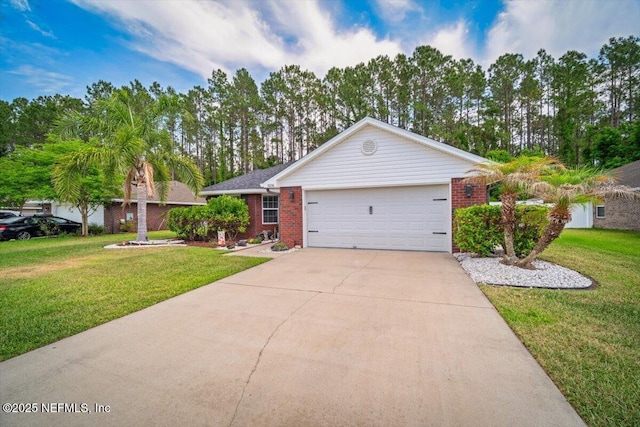 single story home featuring an attached garage, a front lawn, driveway, and brick siding