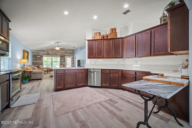 kitchen with ceiling fan, light wood finished floors, stainless steel appliances, open floor plan, and vaulted ceiling
