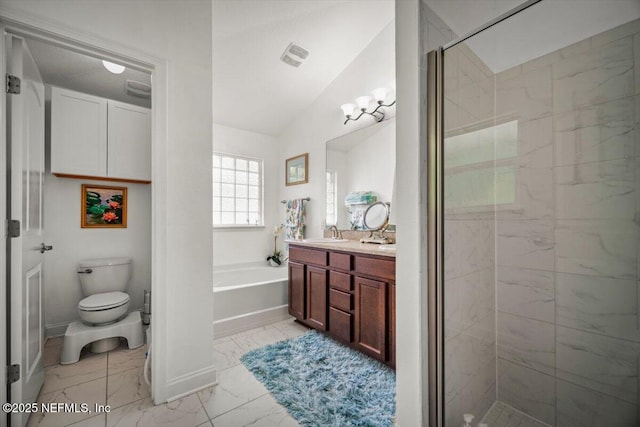full bath with vanity, toilet, marble finish floor, a garden tub, and a stall shower