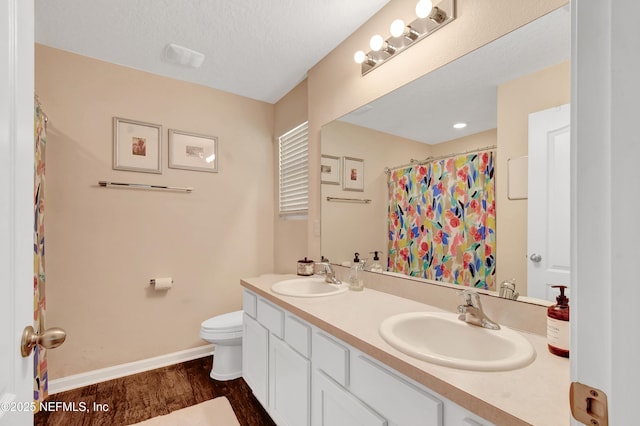 2471 Cold Stream Ln, Green Cove Springs, FL 32043 - full bath featuring baseboards, wood finished floors, toilet, double vanity, and a shower with curtain