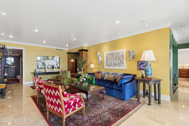 living room featuring ornamental molding, marble tiled flooring, recessed lighting, and baseboards
