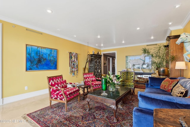 living room with recessed lighting, ornamental molding, and baseboards