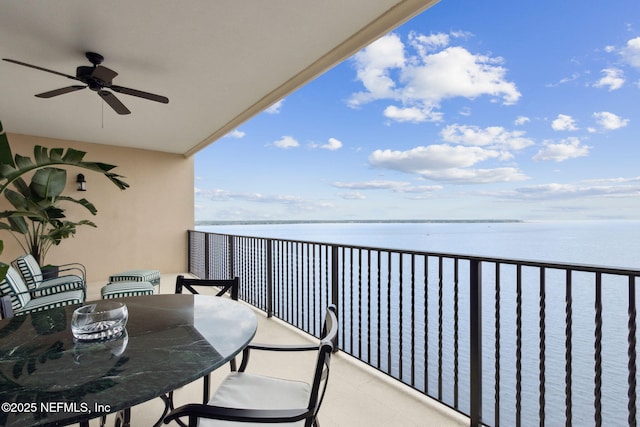 balcony featuring a ceiling fan and a water view