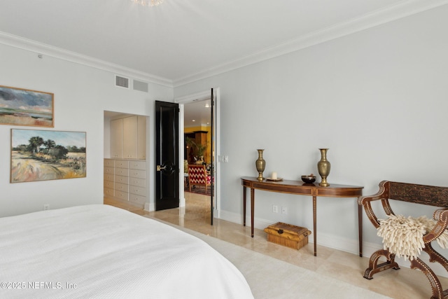 tiled bedroom featuring ornamental molding