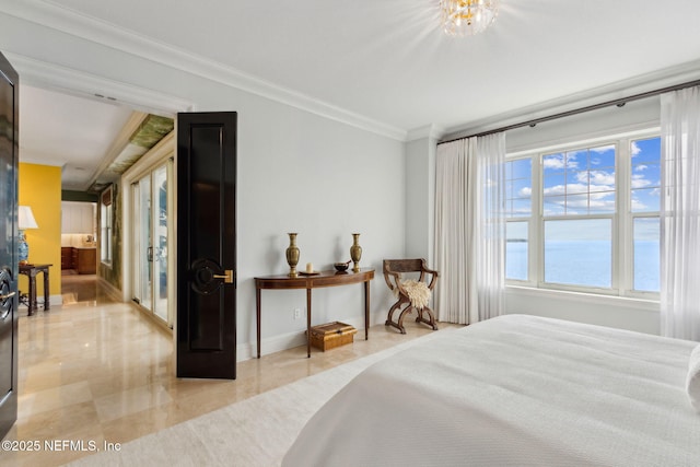 bedroom with crown molding and baseboards