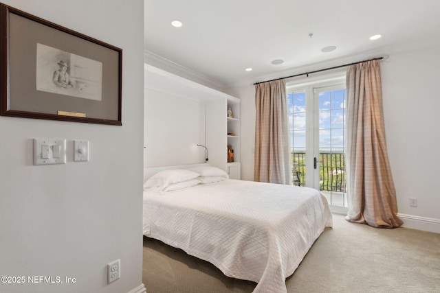 bedroom with access to exterior, carpet flooring, baseboards, and recessed lighting